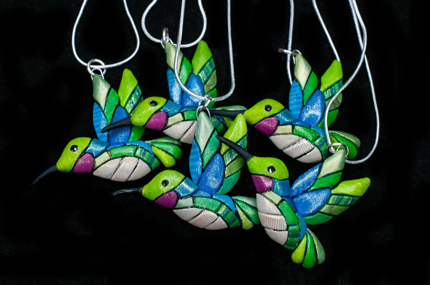 Hummingbird Necklace on Silver Chain, Ruby Throated Bird gift, Spirit Animal Totem, Native American Species, Mosaic art to Wear, bright fun