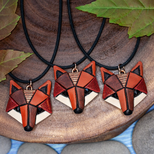 Red Fox Necklace, Rustic Geometric Spirit Animal, Mosaic art to wear, Unique Gift Idea for animal lovers and nature enthusiasts. In neutrals
