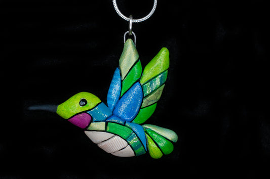 Hummingbird Necklace on Silver Chain, Ruby Throated Bird gift,  Spirit Animal Totem, Native American Species, Mosaic art to Wear, bright fun