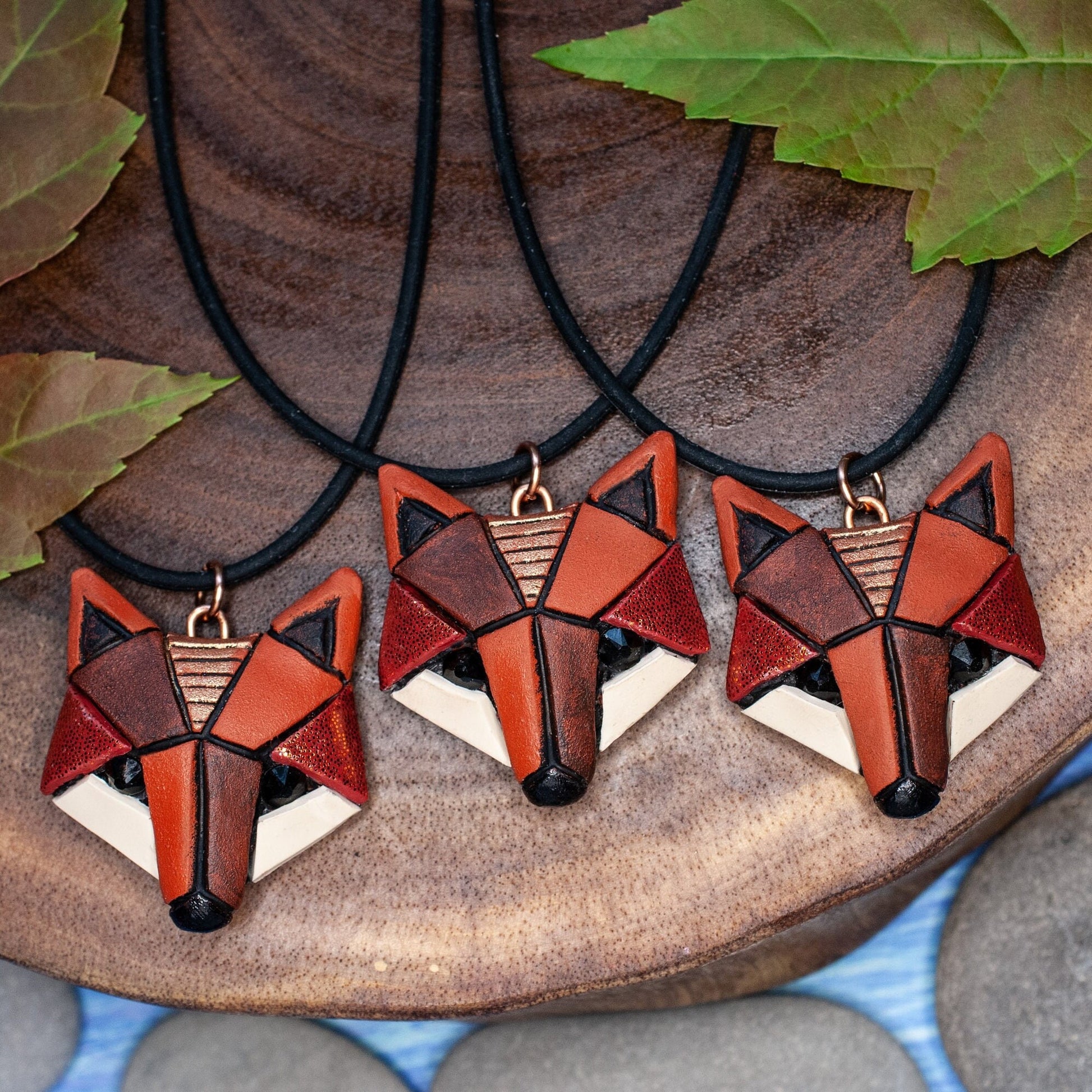 Red Fox Necklace, Rustic Geometric Spirit Animal, Mosaic art to wear, Unique Gift Idea for animal lovers and nature enthusiasts. In neutrals
