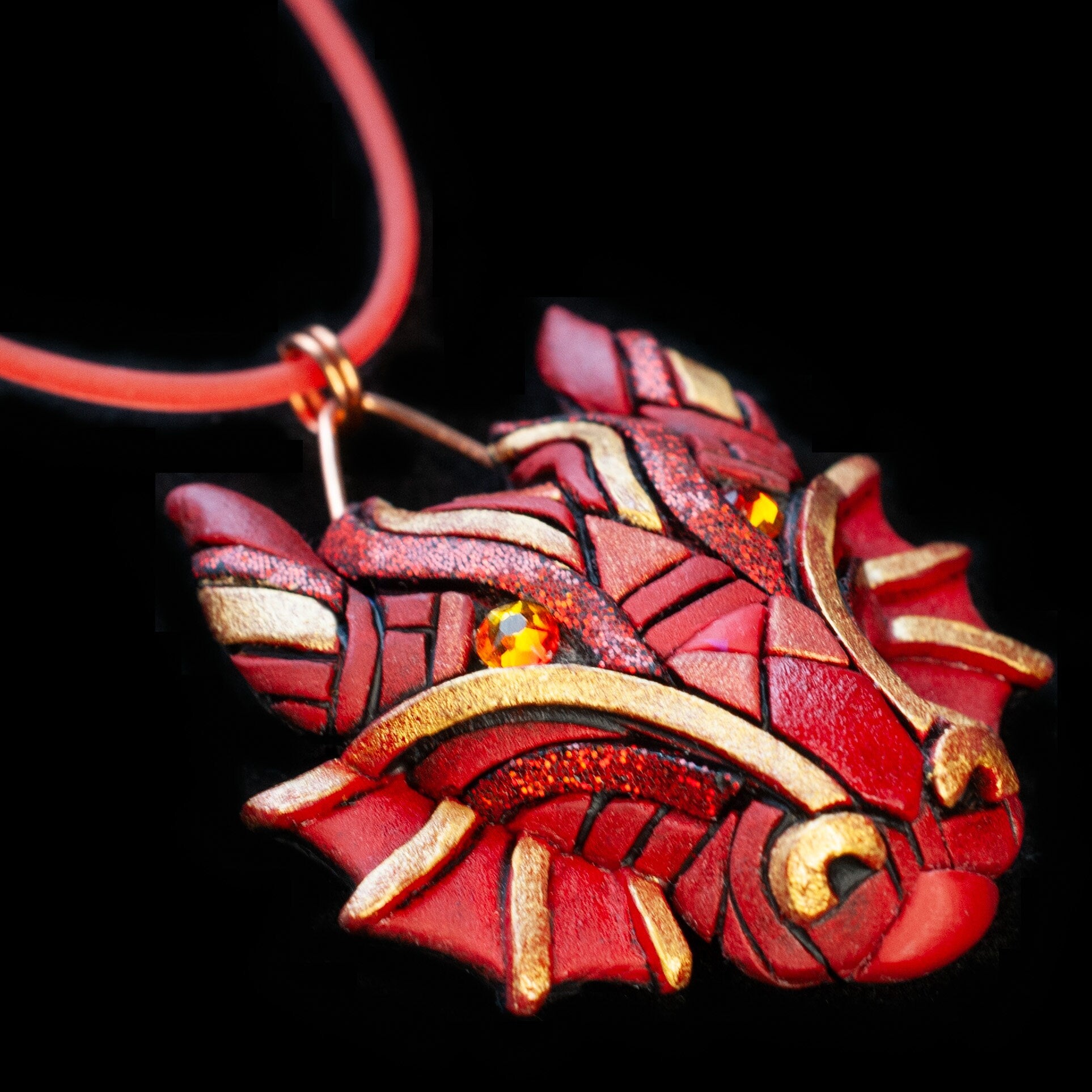 Year of the Dragon Chinese Zodiac Necklace, Lunar New Year Asian Astrology Symbol, Traditional red and gold gift idea, Mosaic art to wear,