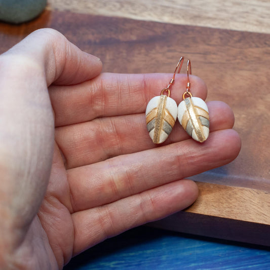Leaf Earrings, Neutrals, Tiny & Cute, Feather Light and Dangly, Genuine Copper Wires, Clay Mosaic, Unique Gift Idea, Matching White Bison